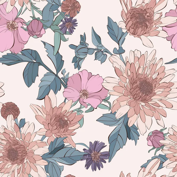 Vintage vector seamless pattern with aster flowers,tea rose, dahlia flowers and wildflowers. — Stock Vector