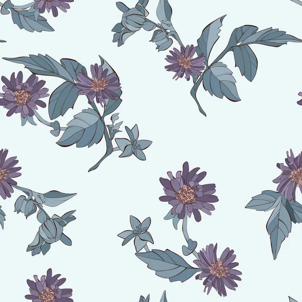 Vintage vector naadloze patroon met Dahlia en Aster bloemen en bladeren. — Stockvector