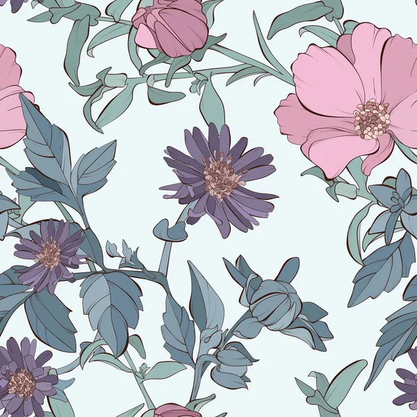 Vintage vector seamless pattern with dahlia and aster flowers and leaves. — Stock Vector