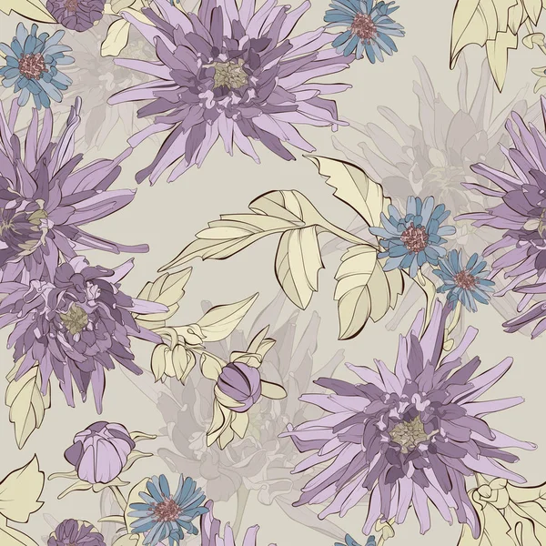 Dahlia Kvete Bezproblémovou Maskou Podzimních Květinové Textury Ručně Kreslené Botanické — Stockový vektor