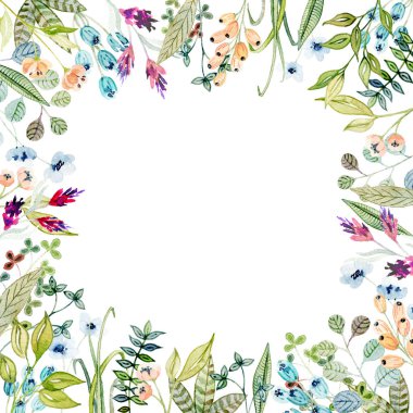 Yapraklı, otlu, çiçekli suluboya çiçek aranjmanları.