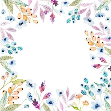 Yapraklı, otlu, çiçekli suluboya çiçek aranjmanları.