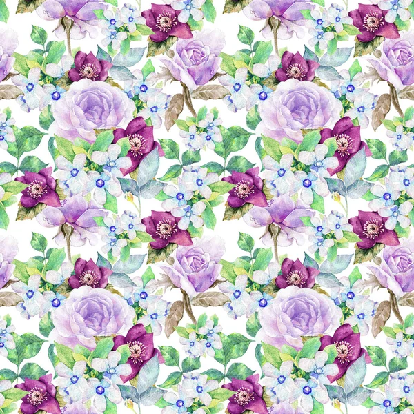 Watercolor floral hand drawn colorful bright seamless pattern — Stock Photo, Image