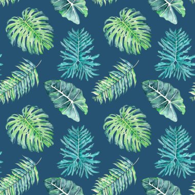 Sulu boya Dikişsiz desen tropikal yaprakları ile el çekilmiş 