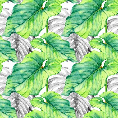 Sulu boya Dikişsiz desen tropikal yaprakları ile el çekilmiş 
