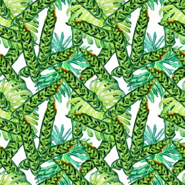 El çekilmiş suluboya seamless modeli ile tropikal yaprak ve çiçek.