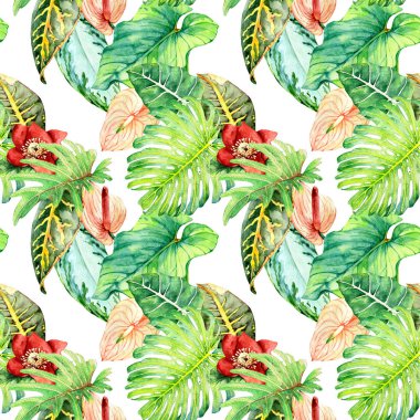 Sulu boya Dikişsiz desen tropikal yaprakları ile el çekilmiş 
