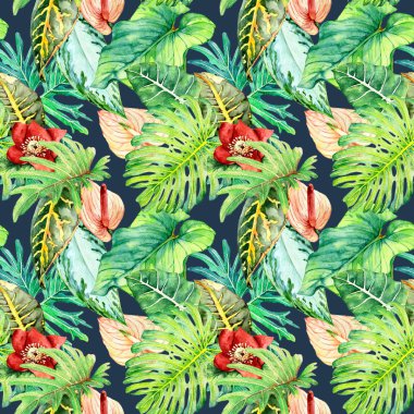 Sulu boya Dikişsiz desen tropikal yaprakları ile el çekilmiş 