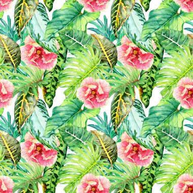 Sulu boya Dikişsiz desen tropikal yaprakları ile el çekilmiş 