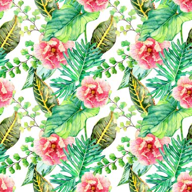 El çekilmiş suluboya seamless modeli ile tropikal yaprak ve çiçek.