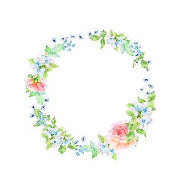 Parlak renkli suluboya çiçek çelenk illüstrasyon el çekilmiş