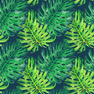 Sulu boya Dikişsiz desen tropikal yaprakları ile el çekilmiş 