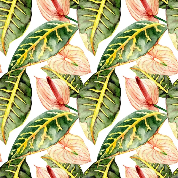 手绘水彩无缝图案与热带叶子 — 图库照片