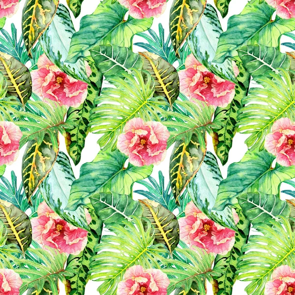 Hand drawn watercolor seamless pattern with tropical leaves 