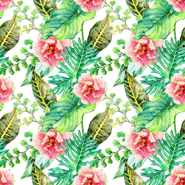 Hand Drawn Watercolor Seamless Pattern Tropical Leaves Flowers — Stock Photo, Image