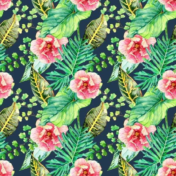 Hand drawn watercolor seamless pattern with tropical leaves — Stock Photo, Image