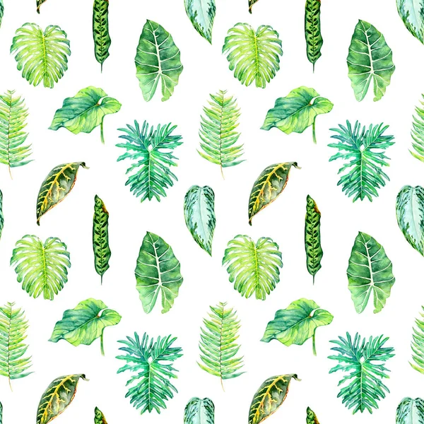 Hand Drawn Watercolor Seamless Pattern Tropical Leaves Flowers — Stock Photo, Image