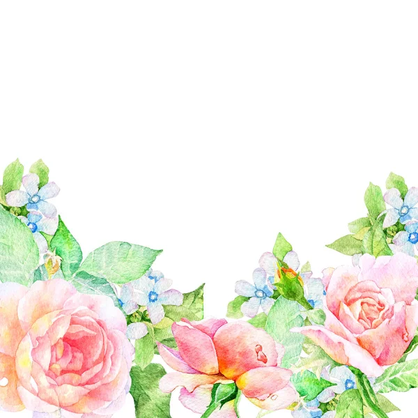 Akvarell virágdísz levelekkel, gyógynövényekkel, virágokkal. — Stock Fotó