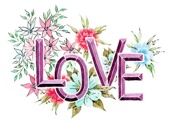 Valentines Day love lettering. Hand drawn watercolor style. Arranged with flowers. — Stock Photo, Image