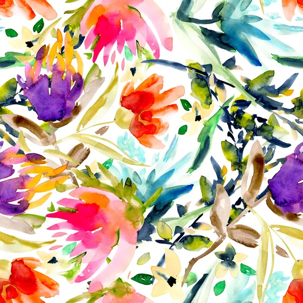 水彩花の手は、カラフルな明るいシームレスなパターンを描きました — ストック写真
