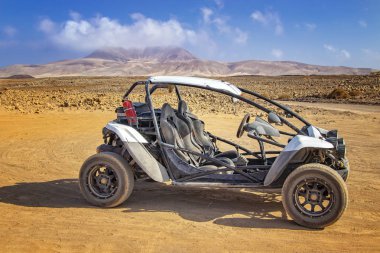 Beyaz adamcağız taş ve Kum Çölü üzerinde volkanik ada Fuerteventura, Kanarya Adaları, İspanya. Arka planda mavi gökyüzüdür.