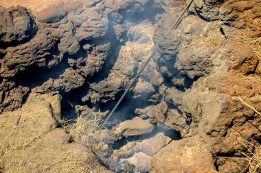 Timanfaya Milli Parkı, Lanzarote, Kanarya Adaları, İspanya volkanik yangında ateşleme.