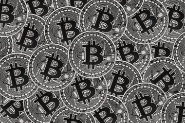 Birçok gümüş sikke ile Bitcoin, bu cryptocurrency arka plan 's.