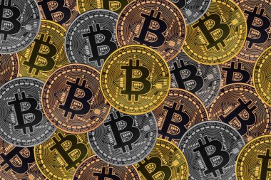 Bitcoin ile pek çok bronz, gümüş ve altın sikkeler, o cryptocurrency arka plan 's.