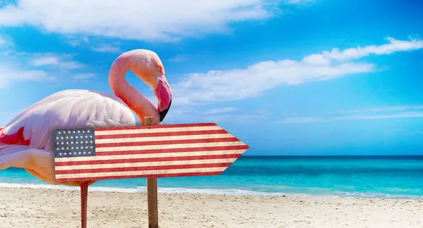 USA flag on wooden table sign on beach background with pink flamingo. There is beach and clear water of sea and blue sky in the background. It is tropical natural background. — Stock Photo, Image