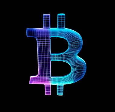 siyah bir arka planda mavi ve mor lazer tarafından öngörülen 3D Bitcoin.