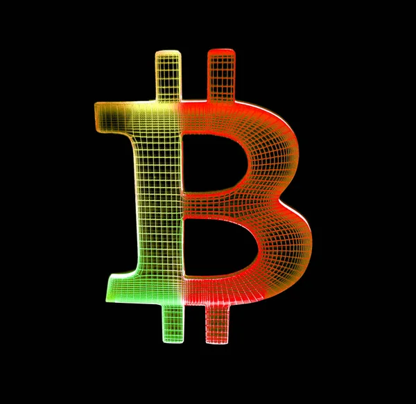 siyah bir arka planda 3D Bitcoin öngörülen byorange ve sarı lazer.