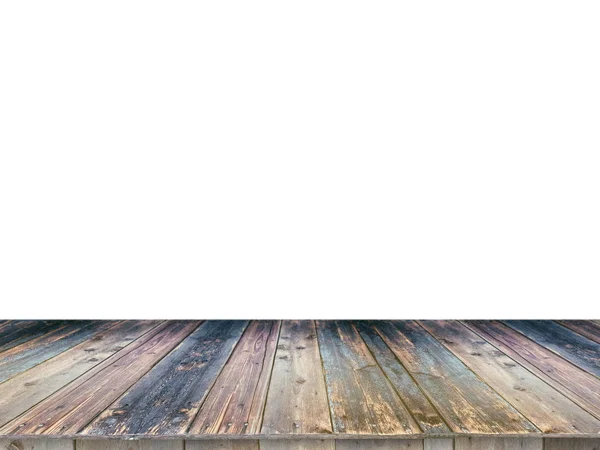 Tavola in legno tavolo vuoto di fronte a sfondo bianco. Può essere utilizzato per visualizzare o montare i vostri prodotti. Falsificazione per la visualizzazione del prodotto . — Foto Stock