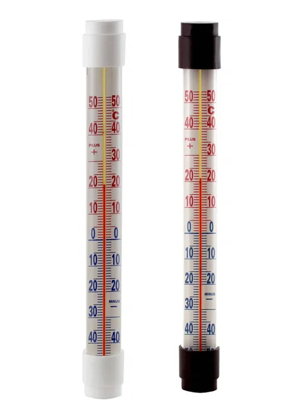 Outdoor thermometer on the white background in white and black colour. They show a temperature of 21 degrees.