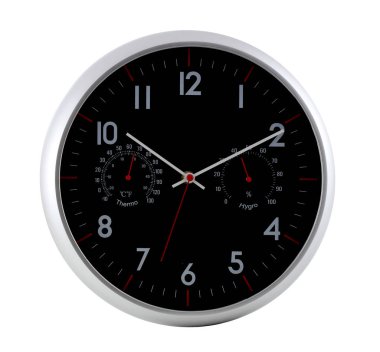 Kronometresi olan metal bir saat hem saati hem de zamanı belirler. Saat beyaz bir arkaplanda izole edilmiştir..