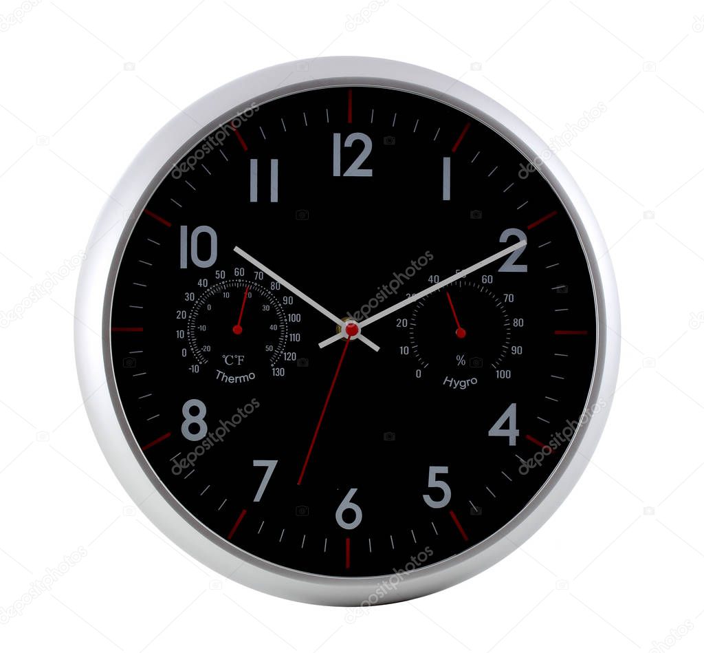 A metal clock with a stopwatch determines both the clock and the time. The clock is isolated on a white background.