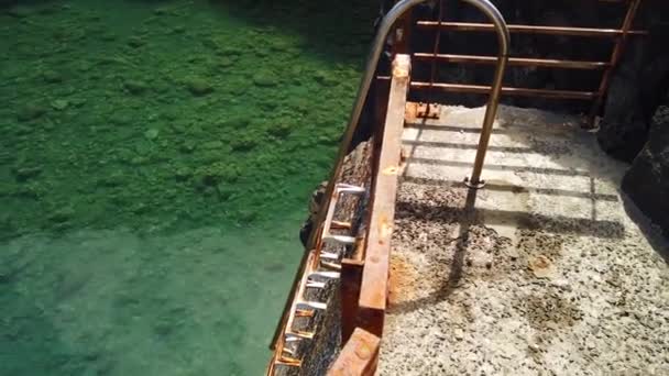 4K video of sea lava pool in Seixal, Madeira island, Portugal. A long iron ladder leads into the pool. There is clear water with fishes and sea corals. — ストック動画