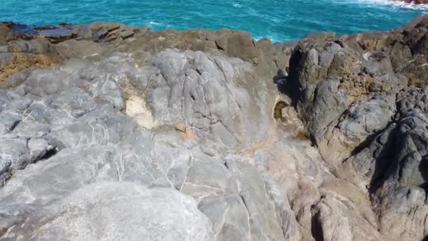 4K video del paisaje de Seixal en la isla de Madeira, Portugal. Hay piedras de lava y rocas con agua clara del océano Atlántico . — Vídeo de stock