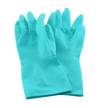 Beyaz arka planda izole edilmiş temizlik için mavi lastik eldivenler. El koruması için kullanılır..