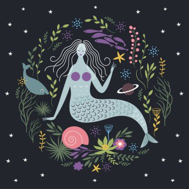 çiçekler ve cay siyah arka plan üzerine deniz kızı ile