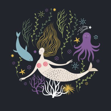 çiçekler ve cay siyah arka plan üzerine deniz kızı ile