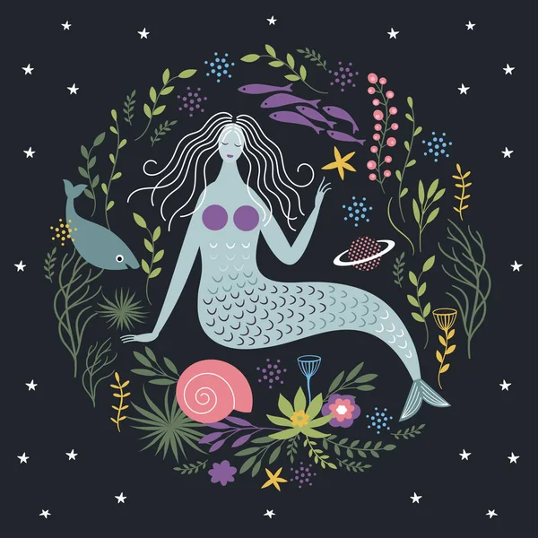 çiçekler ve cay siyah arka plan üzerine deniz kızı ile