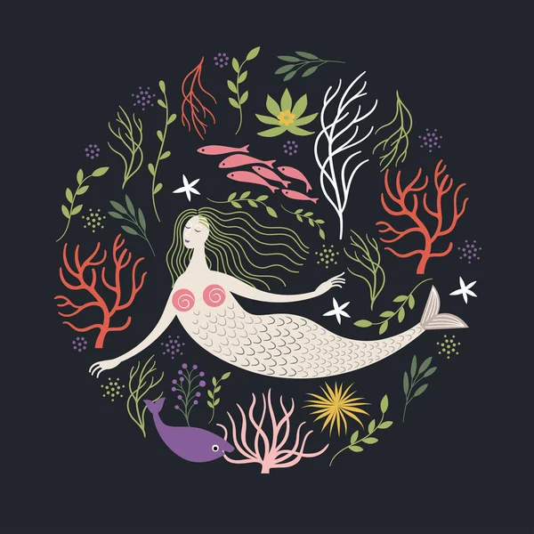 çiçekler ve cay siyah arka plan üzerine deniz kızı ile