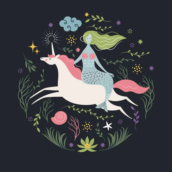 Deniz Kızı Binme Unicorn Kümesi Çiçekler Çorbaları — Stok Vektör