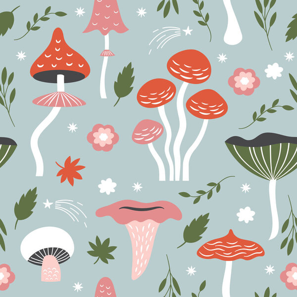 set of wild mushrooms on gray background
