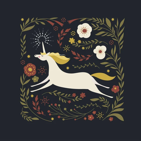 Unicornio Dibujos Animados Blancos Conjunto Flores Brunches Sobre Fondo Negro — Vector de stock