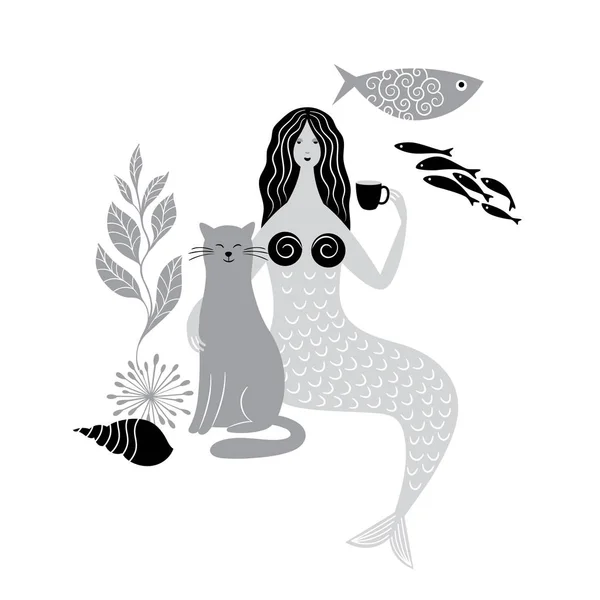お茶を飲むと 白い背景の上の猫を抱きしめる人魚 — ストックベクタ