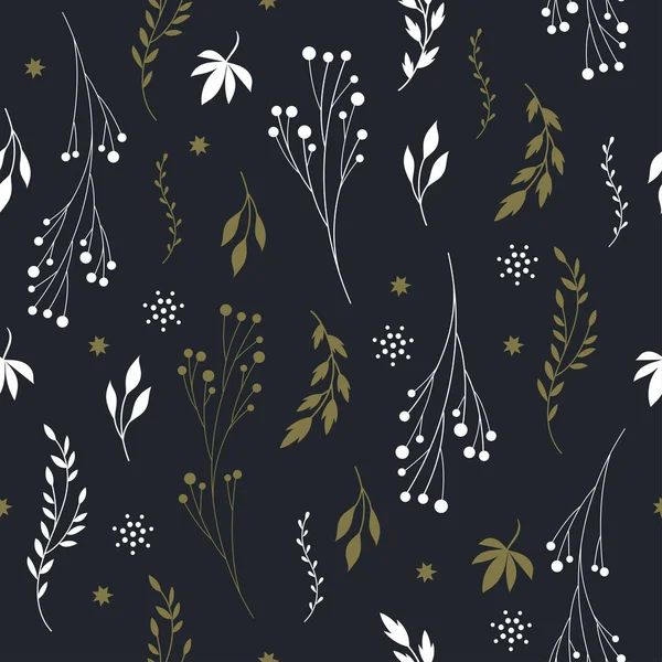 Set Seamless Pattern Flowers Branches Black Background — Stock Vector