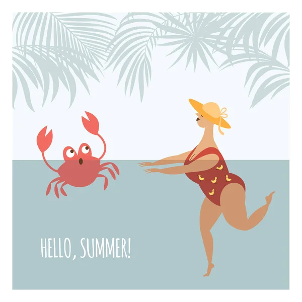 赤いカニと碑文こんにちは夏の太陽帽子で泳いでいる女性 — ストックベクタ