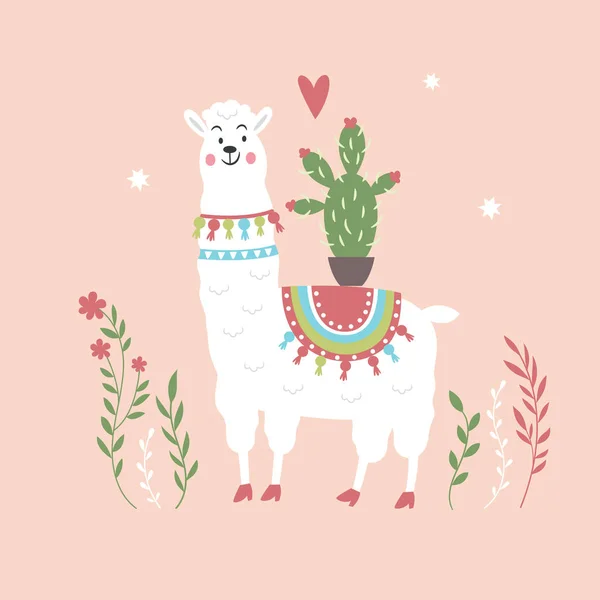 Lama Blanc Avec Cactus Sur Fond Rose — Image vectorielle