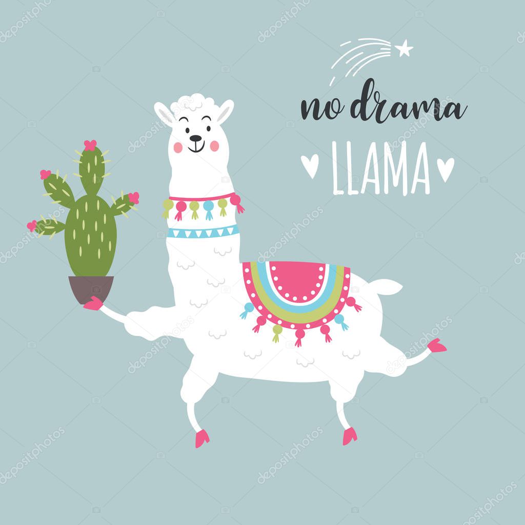 white llama with cactus on blue background with inscription no drama llama